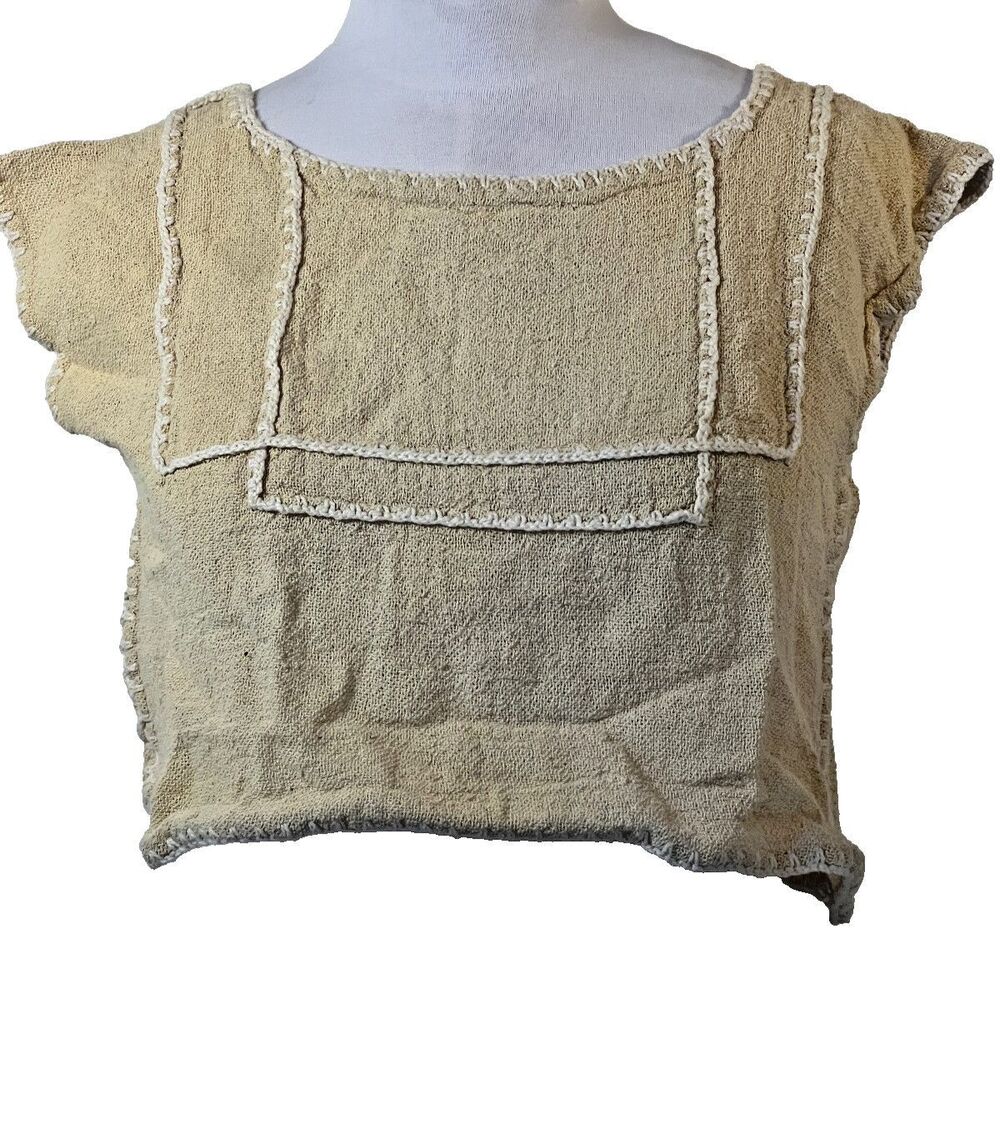 Vintage 1970s Yellow Linen Chain Stitched Crop Top Peasant Rennaisance Oversize